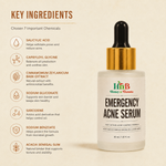 Load image into Gallery viewer, Emergency Acne Serum bottle with key ingredients listed on a beige background
